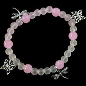 Pink and Silver Beaded Bracelet with Butterfly Charms